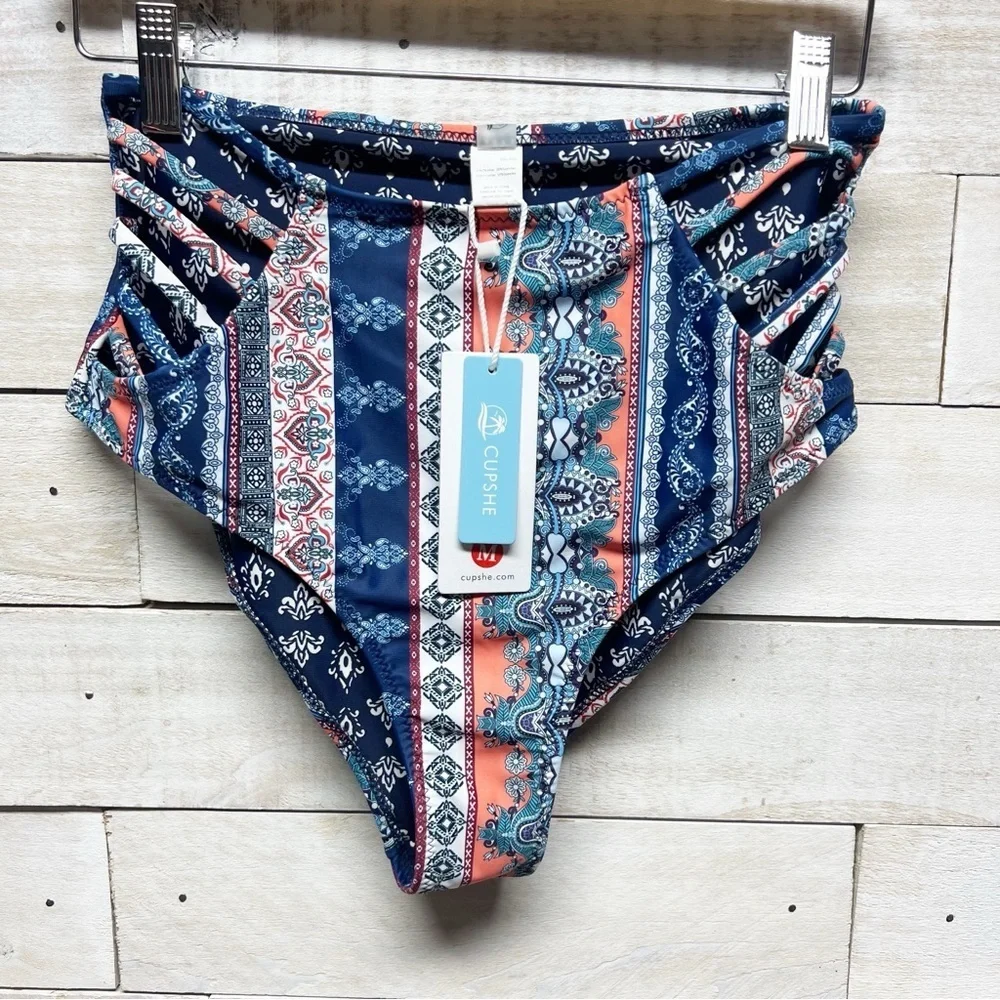 Cupshe Bikini‎ Set Womens Medium Blue Red Cross Front Top High Waist Bottom New